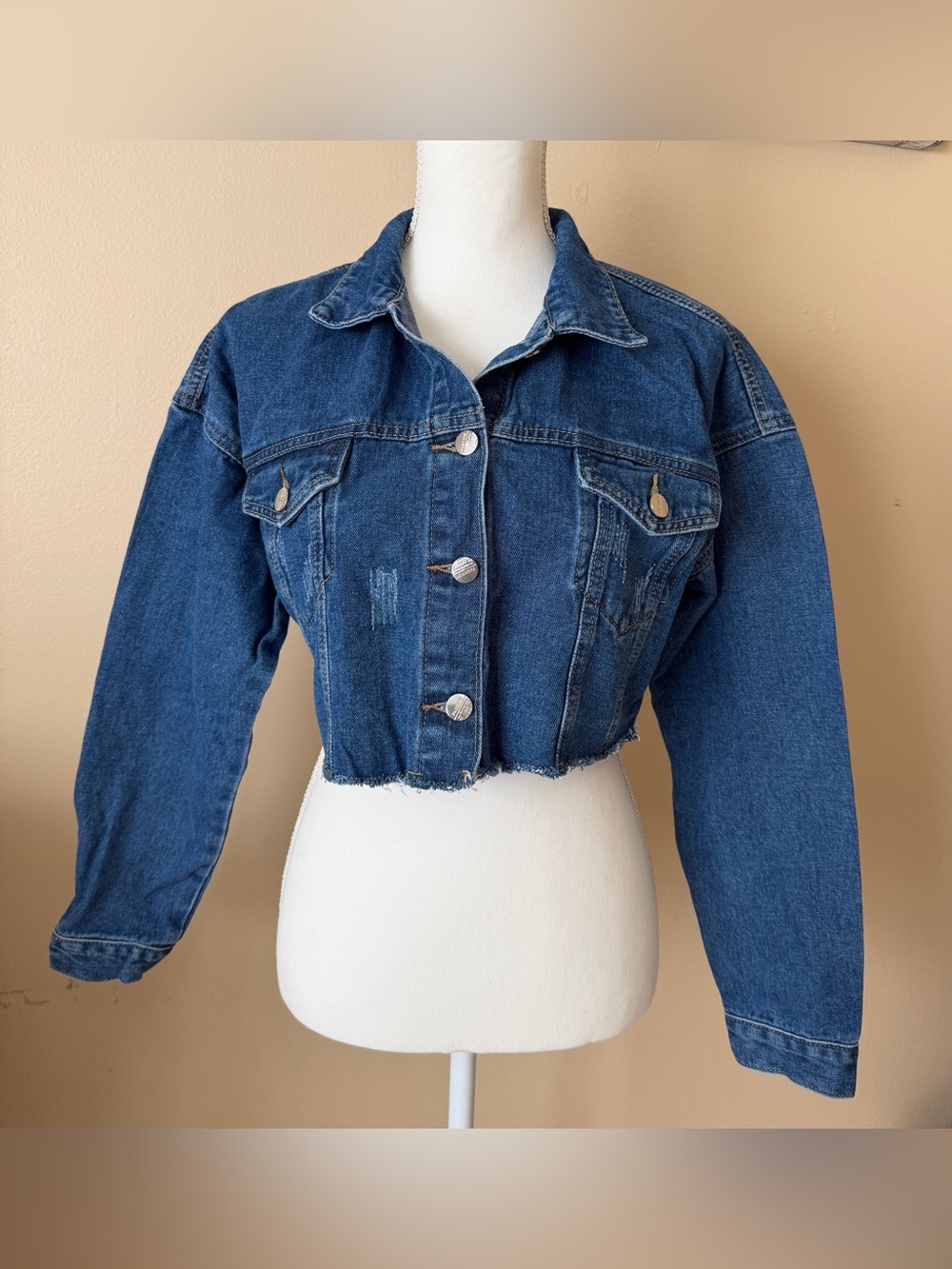 SHEIN Distressed Cropped Denim Jacket Women's Size XS Blue Frayed Raw Hem